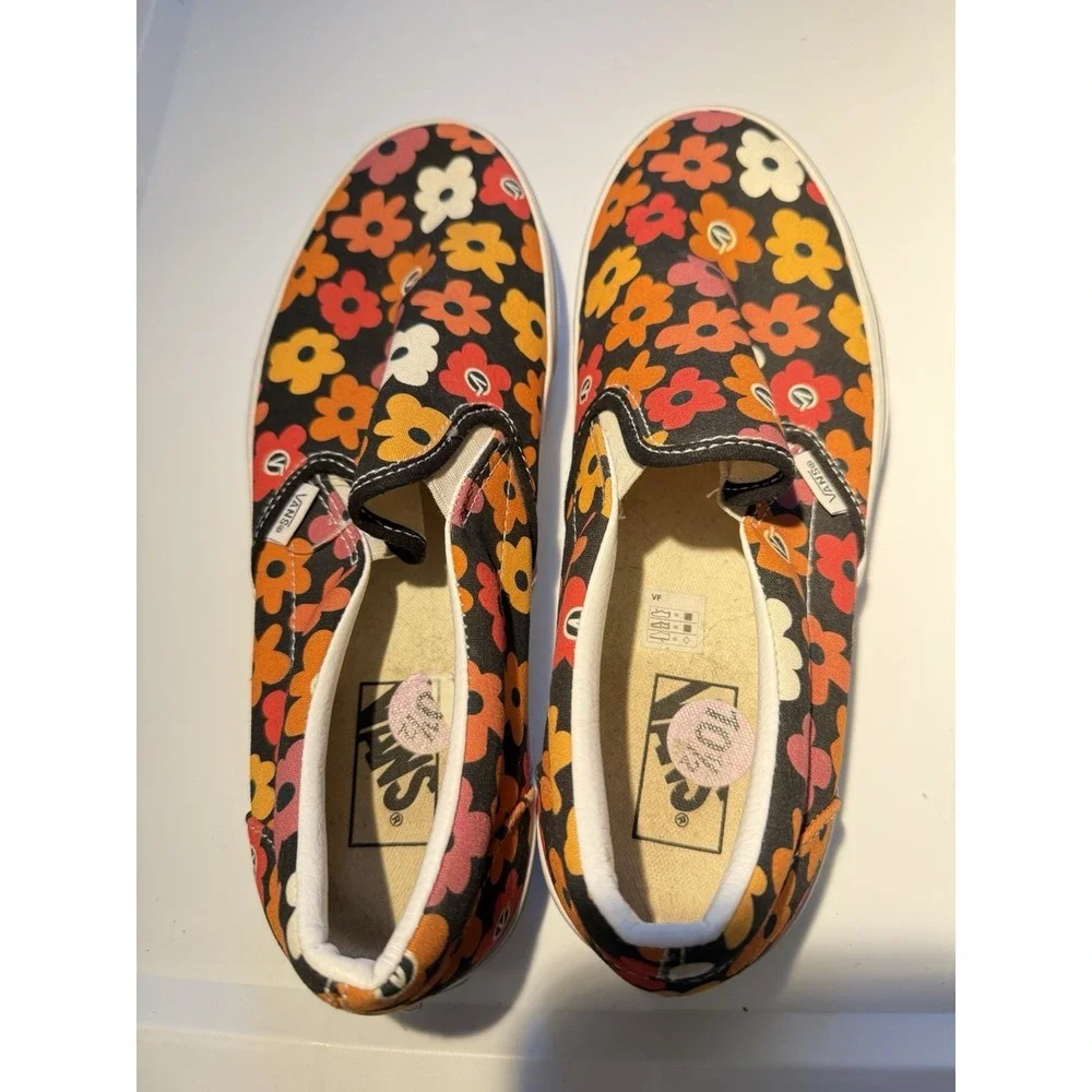 Vans Classic Slip-On Sneakers Mens 10.5 Women 12 Black Retro Floral Print Canvas